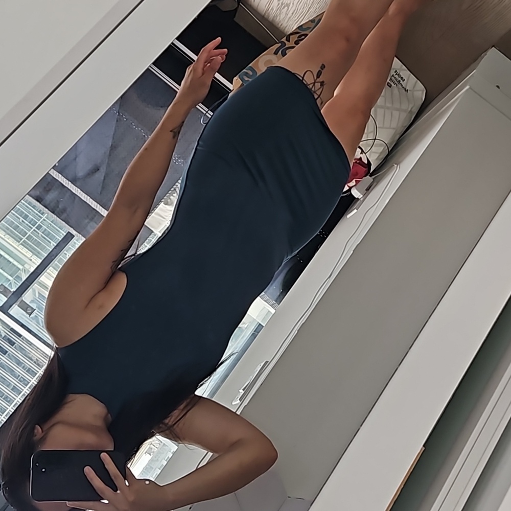 Blue Babaton mock neck racer dress